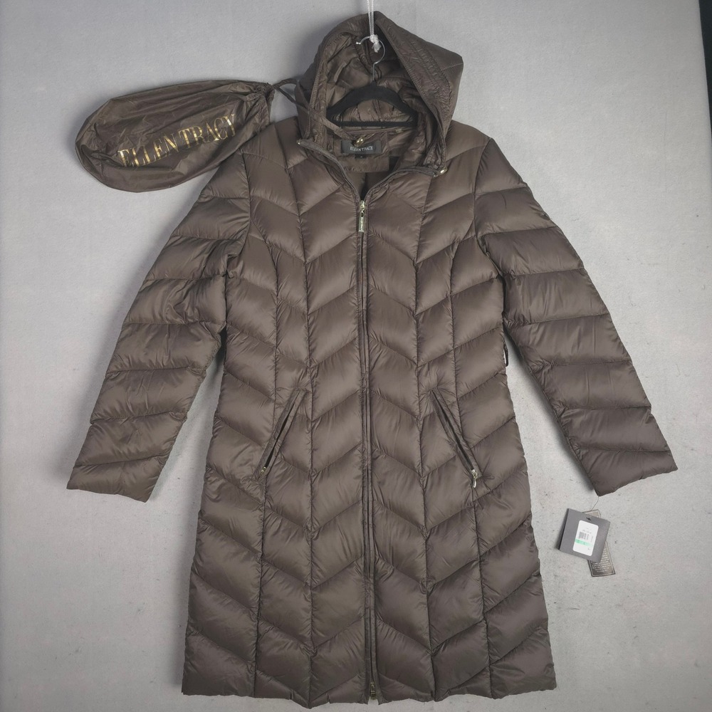 New ELLEN TRACY Packable Down Puffer Coat Women Long Sleeve Hooded Full Zip Warm